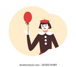 Whimsical mime with a red balloon. Vector illustration of a performer in a classic French mime costume, white gloves, and beret.