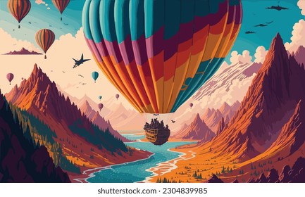 A whimsical mind comfortable art piece of a person flying a baloon