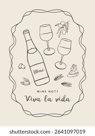 Whimsical Minimalist card with Hand Drawn Spanish tapas, Wine Glasses and Bottle, Seafood. Vector sketchy line art for wall decor, poster, cover, social media, ads, print, menu design.