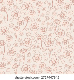 Padrão contínuo minimalista fantástico com ilustrações de vetor de rabiscar desenhadas à mão. Impressão cottagecore vintage para tecido, papel de parede e papel de embrulho