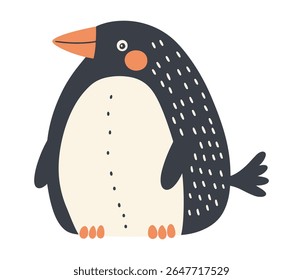 Vetor minimalista fantástico de um pinguim redondo com bico laranja, bochechas rosadas e textura pontilhada lateral em tons de cinza e creme silenciados. Perfeito para decoração infantil, cartões de férias, banners da web.