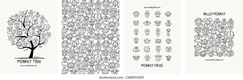 Whimsical Monkeys: Funny Monkey Faces Vector Illustration Set