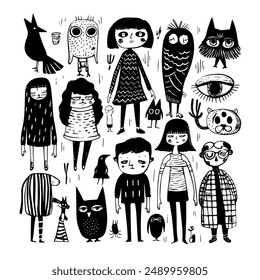Whimsical Monochrome Characters Collection. Black and white illustration.