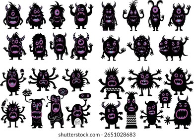 Whimsical Monster Mashup A Collection of Cartoon Silhouettes Featuring Spooky and Playful Creatures in a Variety of Shapes and Sizes