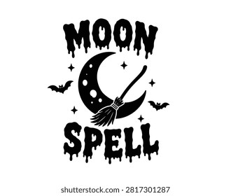 Whimsical moon, broomstick, and bats with dripping 