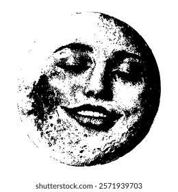 whimsical moon with detailed facial features, inspired by retro engraving aesthetics