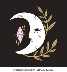 Whimsical moon illustration featuring a crescent moon, crystals, and nature-inspired elements, conveying a mystical and dreamy atmosphere. Ideal for spiritual, celestial, and artistic themes