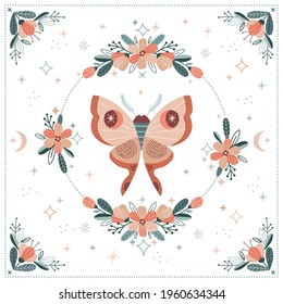 Whimsical moon moth in celestial floral frame vector illustration. Magical luna butterfly bloomy starry space decorative graphics for pillow, scarf, poster print. Spiritual Boho folk art vibes design