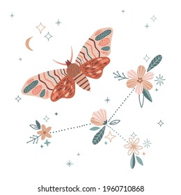 Whimsical moon moth Celestial floral zodiac constellation vector illustration. Magical luna butterfly bloomy starry space decorative graphics print. Spiritual Boho folk art vibes design