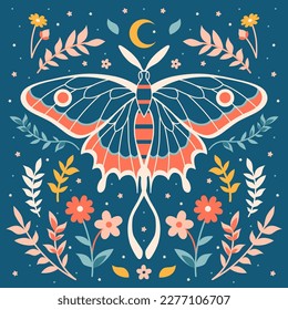 Whimsical Moon Moth. Mystery luna print with butterfly, herbs and flowers. Bloomy boho graphic. Celestial floral folk art, vintage bohemian decoration.