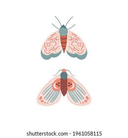 Whimsical moon moth vector illustration isolated on white. Magical luna butterfly decorative graphic clip art. Spiritual Boho folk art vibes print design