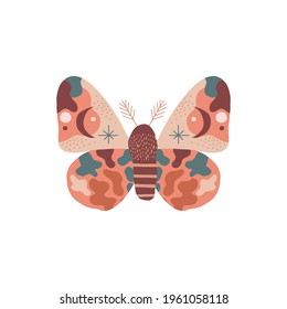 Whimsical moon moth vector illustration isolated on white. Magical luna butterfly decorative graphic clip art. Spiritual Boho folk art vibes print design