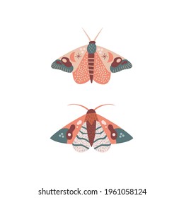 Whimsical moon moth vector illustration isolated on white. Magical luna butterfly decorative graphic clip art. Spiritual Boho folk art vibes print design