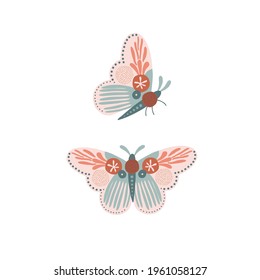 Whimsical moon moth vector illustration isolated on white. Magical luna butterfly decorative graphic clip art. Spiritual Boho folk art vibes print design