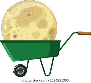 A whimsical moon resting in a wheelbarrow