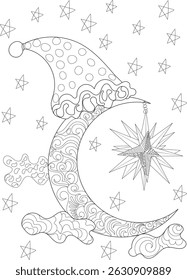 Whimsical Moon and Star Line Art for Coloring, Detailed line art illustration perfect for coloring, featuring a crescent moon wearing a patterned cap, holding a large decorative star, surrounded by