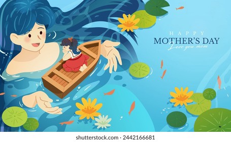 Whimsical Mothers Day card. Mother in the river guiding confused daughter on a boat.