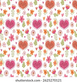Whimsical Mother's Day seamless Pattern Design with Colorful Celebration of Mom with Flowers and Hearts