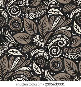 A whimsical motif fusion of nature and design, as a doodle swirls seamless pattern. Vector vintage enchanting abstract folk background.
