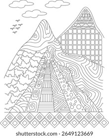 Whimsical Mountain Range Outline Art with Unique Patterns and Clouds, Perfect for Kids and Adults Coloring Activities, Digital Designs.