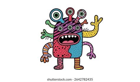 Whimsical Multi-Eyed Monster with Colorful Limbs and Textured Body for Children Illustration
