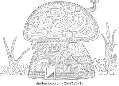 Whimsical Mushroom House Adult and Kids Coloring Page. Detailed Fantasy Dwelling Zentangle Style Black and White Line Art.