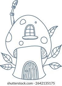 A whimsical mushroom house with a chimney and leafy surroundings in a hand-drawn style. The structure features a rounded roof and circular windows. Cartoon vector illustration.