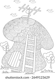 Whimsical mushroom house coloring book page with intricate patterns, ladder, door, birds, and trees for creative fun.