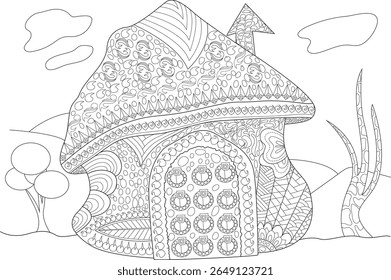 Página de coloração de casa de cogumelos caprichosos para crianças e adultos - intrincado Doodle Art Fantasy Cottage Line Drawing with Detailed Zentangle Patterns