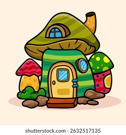 Whimsical Mushroom House Fairy cartoon of fantasy landscape with cute tale or game home for coloring pages, tshirt and education