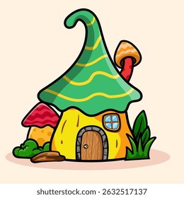 Whimsical Mushroom House Fairy cartoon of fantasy landscape with cute tale or game home for coloring pages, tshirt and education