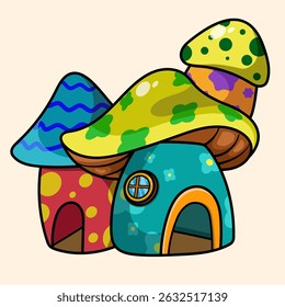 Whimsical Mushroom House Fairy cartoon of fantasy landscape with cute tale or game home for coloring pages, tshirt and education