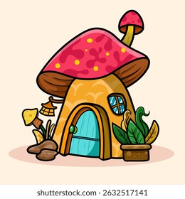 Whimsical Mushroom House Fairy cartoon of fantasy landscape with cute tale or game home for coloring pages, tshirt and education