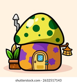 Whimsical Mushroom House Fairy cartoon of fantasy landscape with cute tale or game home for coloring pages, tshirt and education