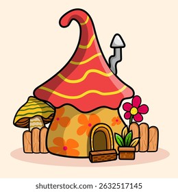 Whimsical Mushroom House Fairy cartoon of fantasy landscape with cute tale or game home for coloring pages, tshirt and education