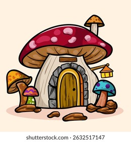 Whimsical Mushroom House Fairy cartoon of fantasy landscape with cute tale or game home for coloring pages, tshirt and education