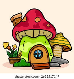 Whimsical Mushroom House Fairy cartoon of fantasy landscape with cute tale or game home for coloring pages, tshirt and education