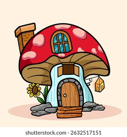 Whimsical Mushroom House Fairy cartoon of fantasy landscape with cute tale or game home for coloring pages, tshirt and education