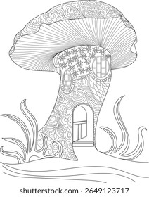 Caprichoso cogumelo house line art com intrincados padrões zentangle, uma ilustração encantadora para colorir livros e temas de fantasia.