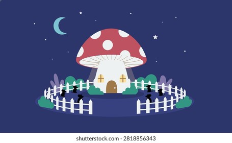 Whimsical mushroom house at night with dancing mouse silhouettes inside a white picket fence under a crescent moon.