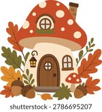 Whimsical mushroom house surrounded by pumpkins and autumn leaves in warm seasonal colors. Great for Thanksgiving decor, printable graphics, fairy tale themes, and cozy fall artwork.