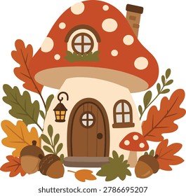 Whimsical mushroom house surrounded by pumpkins and autumn leaves in warm seasonal colors. Great for Thanksgiving decor, printable graphics, fairy tale themes, and cozy fall artwork.
