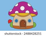 Whimsical mushroom house vector in cartoon, clipart, and line art design. Perfect for digital projects.