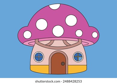 Whimsical mushroom house vector in cartoon, clipart, and line art design. Perfect for digital projects.