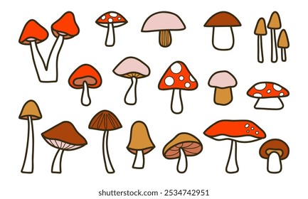 Whimsical Mushroom Illustration Bundle. A set of 17 hand-drawn whimsical mushrooms with varying shapes, sizes, and styles. Perfect for nature, fantasy, or woodland-inspired designs and illustrations