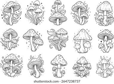 Whimsical Mushroom Illustrations A Collection of Enchanting Botanical Art Featuring Detailed Line Work and Fantasy Elements for Nature Inspired Designs