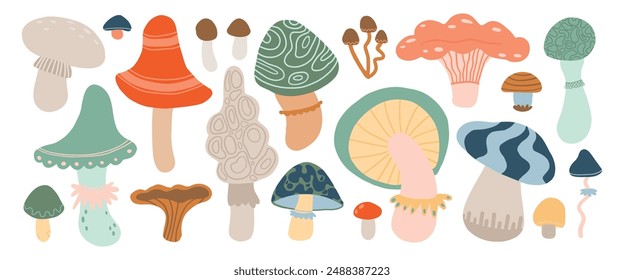 Whimsical mushroom illustrations in various colors and shapes on a white background, cartoon art.