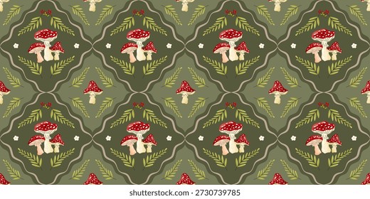 Whimsical Pilzmuster mit Krötenstühlen, Blumen und einer weichen Boho Stimmung. Geeignet für Stoffdruck, Gartentapeten und magische Cottagecore-Designs.