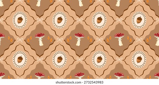 Whimsical mushroom pattern with toadstools, flowers, and a soft boho mood. Suitable for fabric printing, garden wallpaper, and magical cottagecore designs.