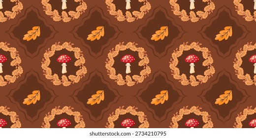 Whimsical Pilzmuster mit Krötenstühlen, Blumen und einer weichen Boho Stimmung. Geeignet für Stoffdruck, Gartentapeten und magische Cottagecore-Designs.